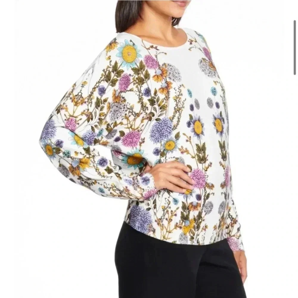 Joseph A White Floral Pullover Sweater with Yellow, Purple and Teal Accents